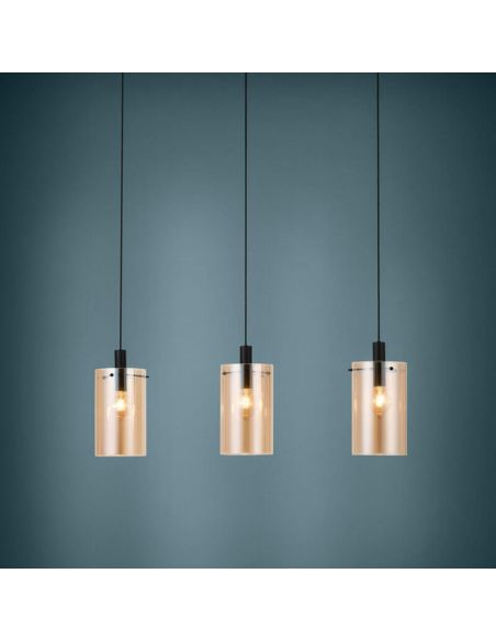 Lampe à suspension en verre Polverara Acier Noir/Verre Ambré 3XE27 18ø ambiance