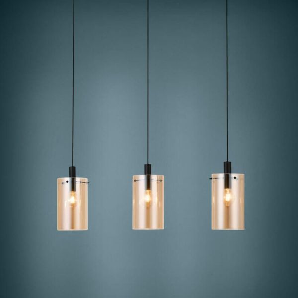 Lampe à suspension en verre Polverara Acier Noir/Verre Ambré 3XE27 18ø ambiance