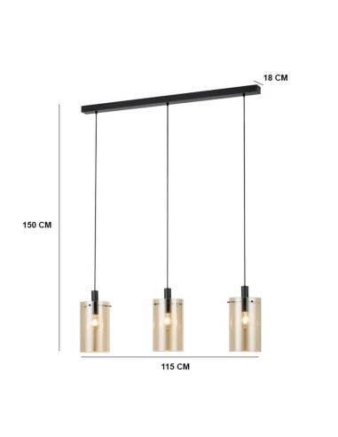 Lámpara colgante de techo de cristal Polverara Acero Negro/Vidrio ámbar 3XE27 18ø medidas
