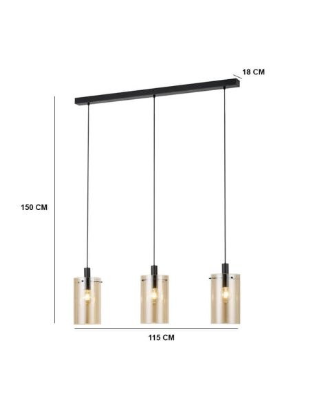 Lámpara colgante de techo de cristal Polverara Acero Negro/Vidrio ámbar 3XE27 18ø medidas