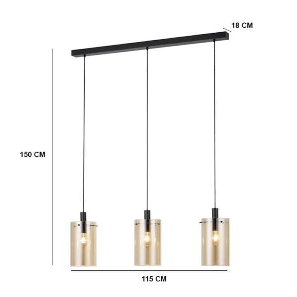 Lampe à suspension en verre Polverara Acier Noir/Verre Ambré 3XE27 18ø mesures