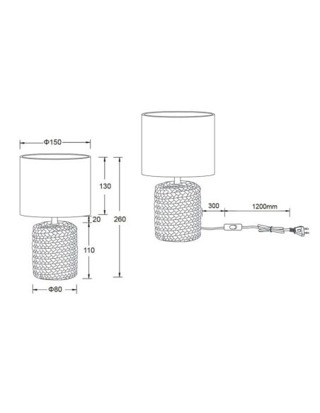 Candeeiro de mesa LED de cerâmica e corda Mala várias potências medições IP20
