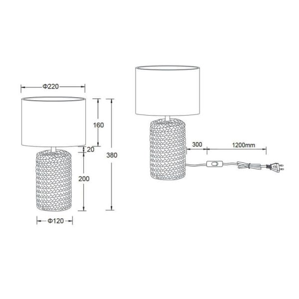 Lámpara de sobremesa LED cerámica y cuerda Mala 60W - IP20 medidas