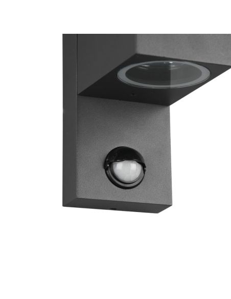 Applique LED carrée Roya avec détecteur de mouvement et détail de 2 lumières d'ambiance IP44