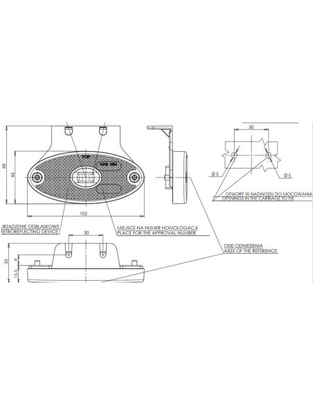 Medidas Luz piloto LED oval âmbar e reflexiva com suporte IA SM1 ECE R10 Was | LeonLeds