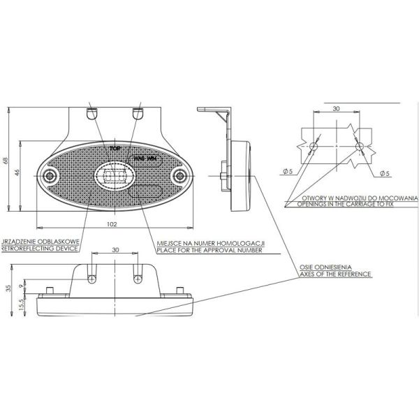 Mesures Voyant LED ovale ambre et réfléchissant avec support IA SM1 ECE R10 Was | LéonLeds
