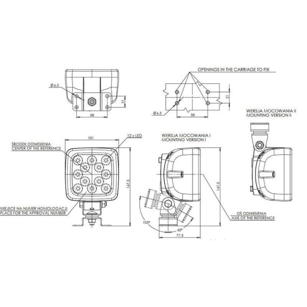 Dimensiones Faro de Trabajo LED Blanco con luz blanca 2000Lm 12V 24V Óptica Combo W82 | LeonLeds