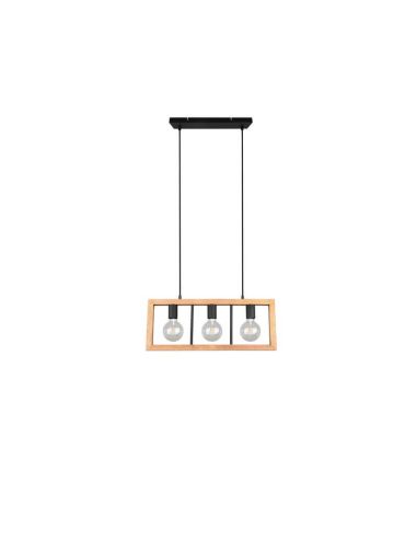 Lámpara colgante LED madera natural Agra 3 luces vista de frente apagada