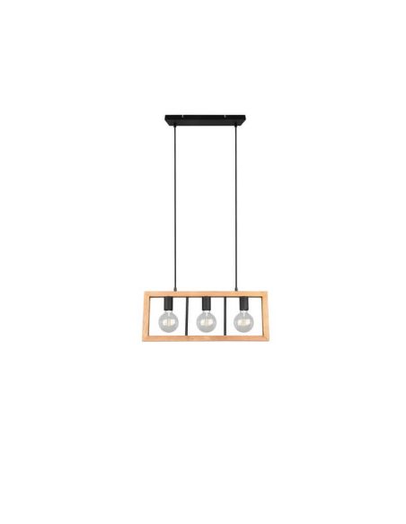 Lámpara colgante LED madera natural Agra 3 luces vista de frente apagada