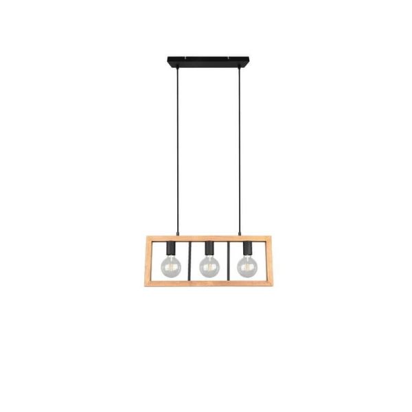 Lampe à suspension LED en bois naturel Agra 3 lumières vue de face éteinte