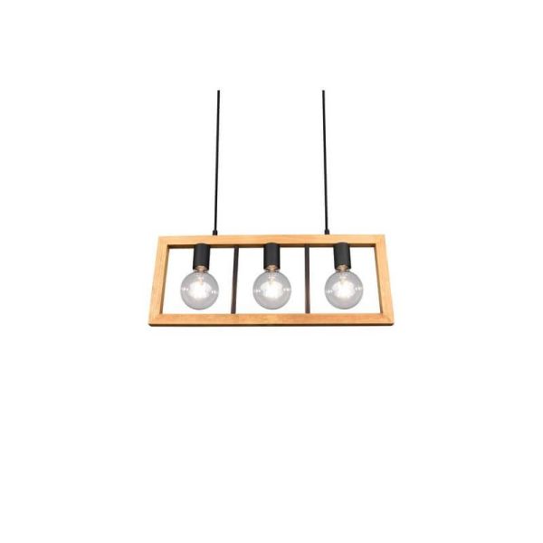 Lámpara colgante LED madera natural Agra 3 luces vista de cerca pantallas