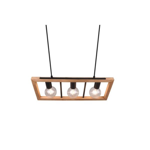 Lampe à suspension LED en bois naturel Agra 3 lumières vue du dessus lumière allumée