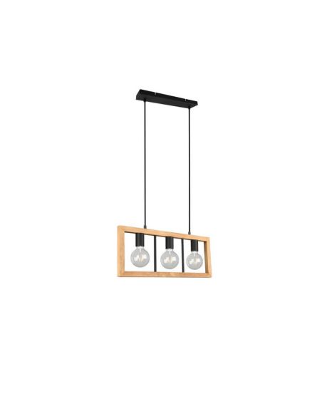 Lámpara colgante LED madera natural Agra 3 luces vista de lado apagado