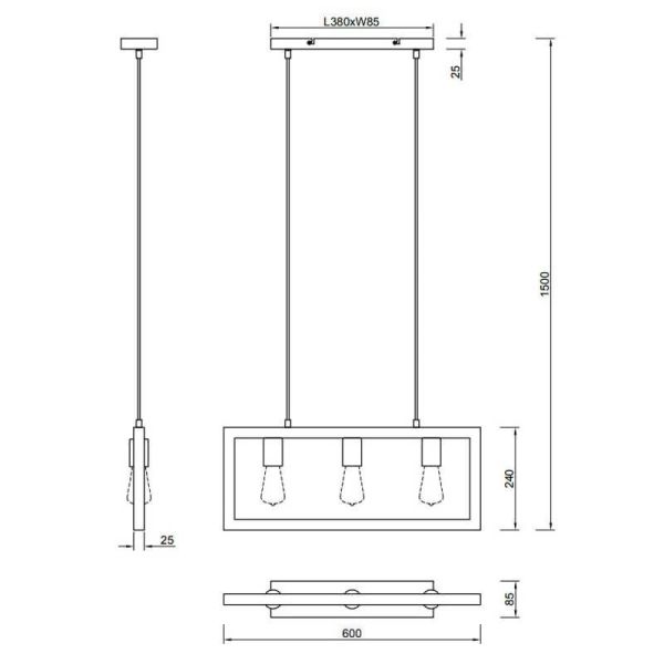 Lampe à suspension LED en bois naturel Agra 3 lumières détails techniques