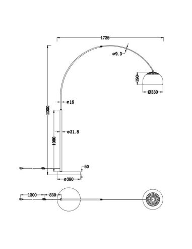 Lampadaire LED Arco Argentina base en marbre et bronze 60W mesures du produit