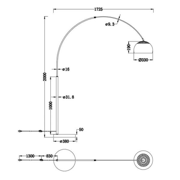 Lampadaire LED Arco Argentina base en marbre et bronze 60W mesures du produit