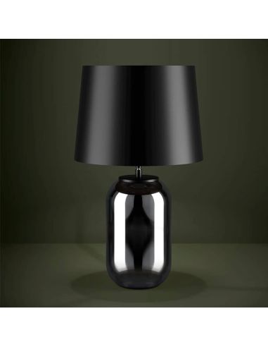 Lámpara de sobremesa Cuite, vidrio ovalado negro transparente con pantalla cónica metal negro ambiente