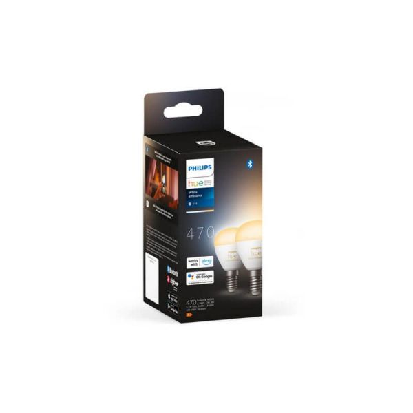 Pack 2 Bombilla esférica inteligente Philips Hue WA Luster caja producto