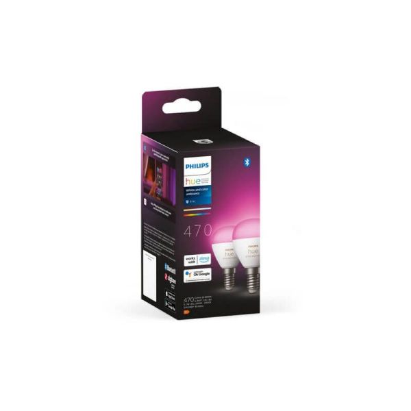 Pack 2 Bombilla esférica inteligente Philips Hue WCA Luster caja producto