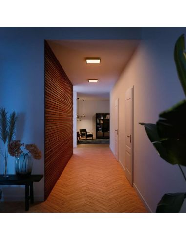 Painel LED inteligente Aurelle Philips Hue WA quadrado preto em um corredor