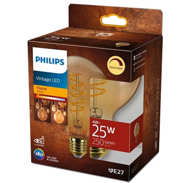 Bombilla LED globo dorada Vintage G93 Gold E27 4W - 25W 1.800K 250Lm Philips | LeonLeds