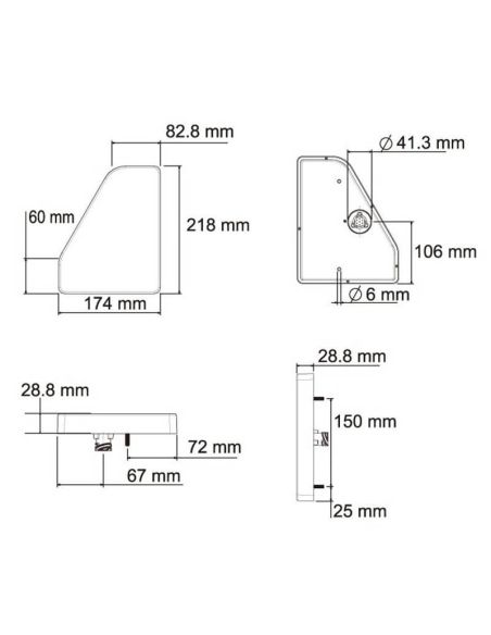 Medidas Lanterna traseira LED alta com triângulo e conector de 5 pinos 12V 24V formato retangular Lucidez | LeonLeds