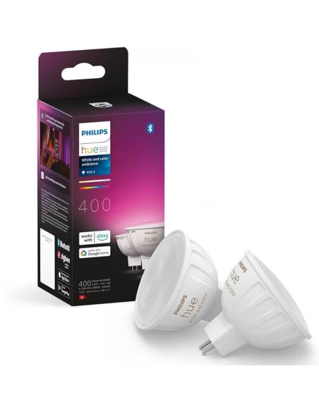 Pacote 2 lâmpadas Philips Hue Smart LED MR16 brancas e coloridas Ambiance 12V GU5.3 5W | LeonLeds