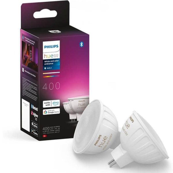 Pack 2 Bombillas MR16 LED inteligentes Philips Hue White and color Ambiance 12V GU5.3 5W | LeonLeds