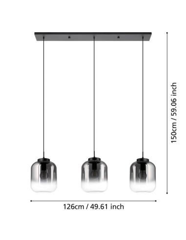 Luminária de teto com 3 abajures de vidro vaporizado efeito espelho e caixa preta fosca Bulciago 3XE27 390104 | LeonLeds