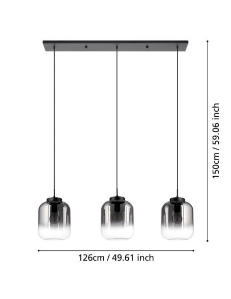 Plafonnier avec 3 abat-jour en Verre Vaporisé effet miroir et boîtier noir mat Bulciago 3XE27 390104 | LéonLeds