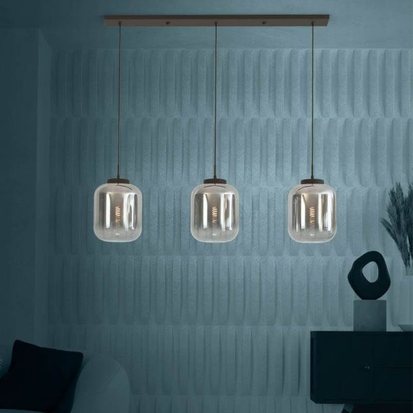 Plafonnier avec 3 abat-jour en Verre Vaporisé effet miroir et boîtier noir mat Bulciago 3XE27 390104 | LéonLeds