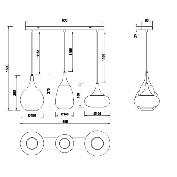 Dimensiones Lámpara de techo con 3 Pantallas de vidrio ámbar 3 y negro mate 317000313 | LeonLeds