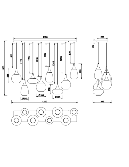 Dimensiones Lámpara de techo rectangular con 8 Pantallas de vidrio Ámbar Colección Lumina Trio Lighting | LeonLeds
