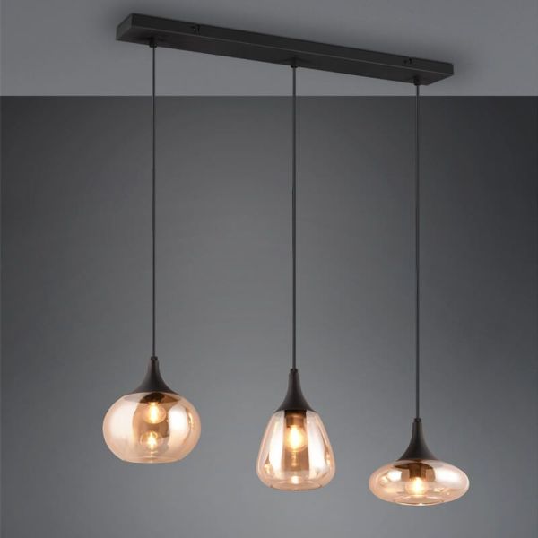 Plafonnier avec 3 abat-jour en verre ambre et noir mat 317000313 | LéonLeds