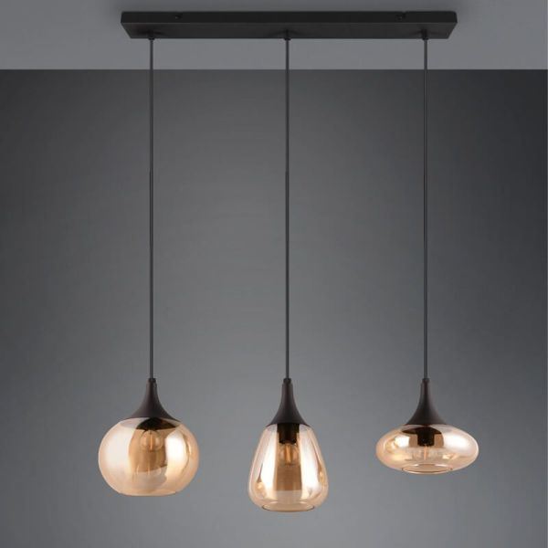 Candeeiro de teto com 3 abajures de vidro âmbar e preto mate 317000313 | LeonLeds