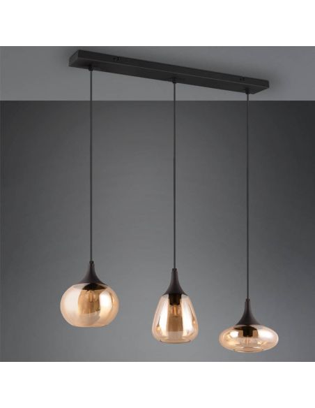 Plafonnier avec 3 abat-jour en verre ambre et noir mat 317000313 | LéonLeds