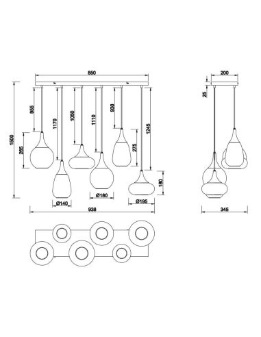 Medidas Lámpara de techo colgante negra vidrio ahumado 6 luces Lumina 40W | LeonLeds
