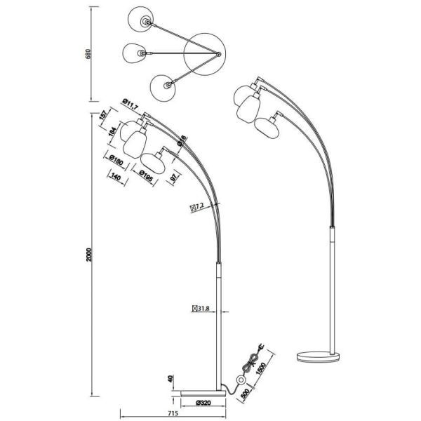 Medidas Lámpara de Pie con 3 Pantallas de vidrio Ámbar Colección Lumina 3XE14 417000313 | LeonLeds