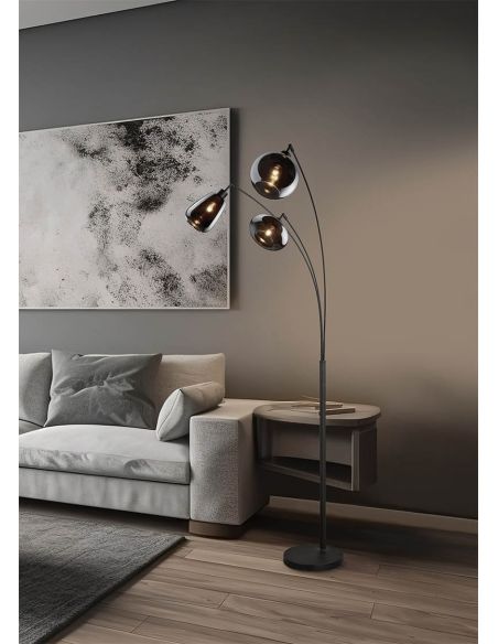 Lámpara de Pie con 3 Pantallas de vidrio Ahumado Colección Lumina 3XE14 | LeonLeds