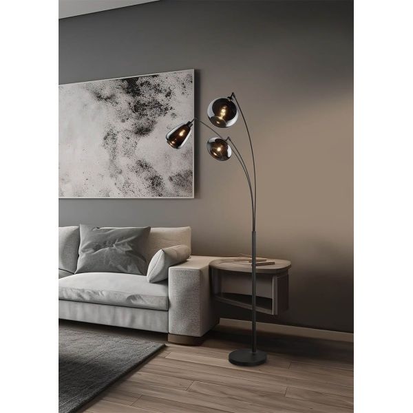 Lámpara de Pie con 3 Pantallas de vidrio Ahumado Colección Lumina 3XE14 | LeonLeds