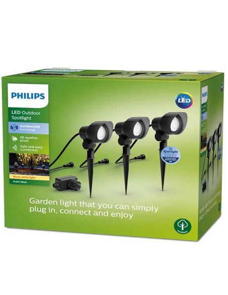 Pacote 3 Unidades. Refletor LED para estaca externa LV Spot Garden Link com cabo e plugue 8719514477353 | LeonLeds