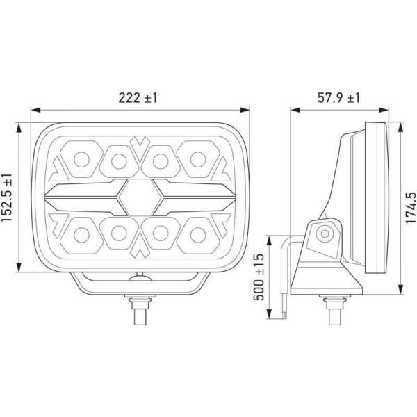 Medidas Faro LED rectangular Homologado 9" Luz de Posición Blanca y Ambar y Largo Alcance R10 -R149 y R148 25 Puntos Hella