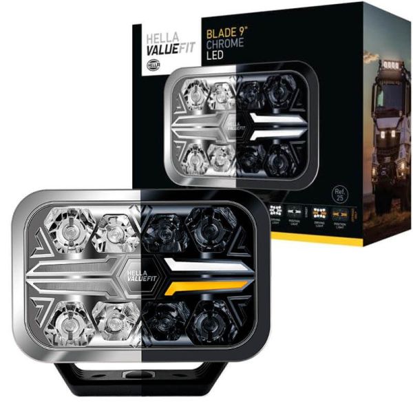 Faro LED rectangular Homologado 9" Luz de Posición Blanca y Ambar y Largo Alcance R10 ECE-R149 y ECE-R148 25 Puntos Hella