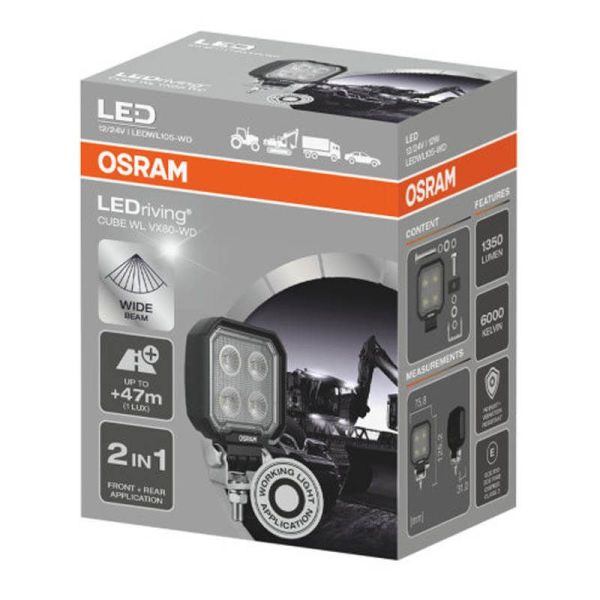 Faro de trabajo cuadrado LED mini 12V 24V 1.350Lm y 12W ECE R10 y ECE R148 VX80-WD Osram | LeonLeds