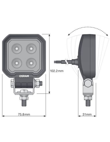 Dimensiones Faro de trabajo cuadrado LED mini 12V 24V 1.350Lm y 12W ECE R10 y ECE R148 VX80-WD Osram | LeonLeds