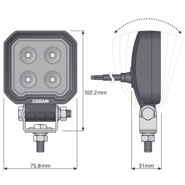 Dimensiones Faro de trabajo cuadrado LED mini 12V 24V 1.350Lm y 12W ECE R10 y ECE R148 VX80-WD Osram | LeonLeds