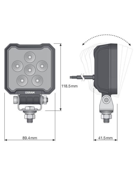 Dimensões Farol LED quadrado poderoso 2000Lm 20W 12V 24V ECE R10 e ECE R148 VX100-WD LEDWL107-WD reverso | LeonLeds