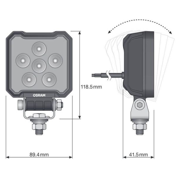 Dimensiones Potente Faro cuadrado LED 2000Lm 20W 12V 24V ECE R10 y ECE R148 VX100-WD LEDWL107-WD Marcha Atrás | LeonLeds