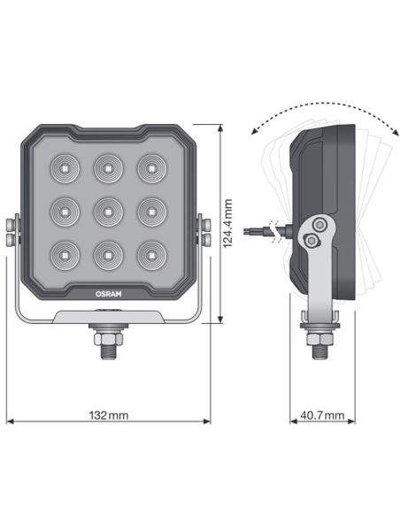 Medidas Faro LED cuadrado potente 3000Lm 30W 12V 24V ECE R10 y ECE R148 VX125-WD LEDWL108-WD Marcha Atras | LeonLeds