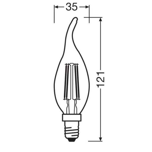 Medidas Bombilla LED llama E14 BA35 4W - 40W Luz Cálida 2.700K Performance Class Classic LedVance | LeonLeds